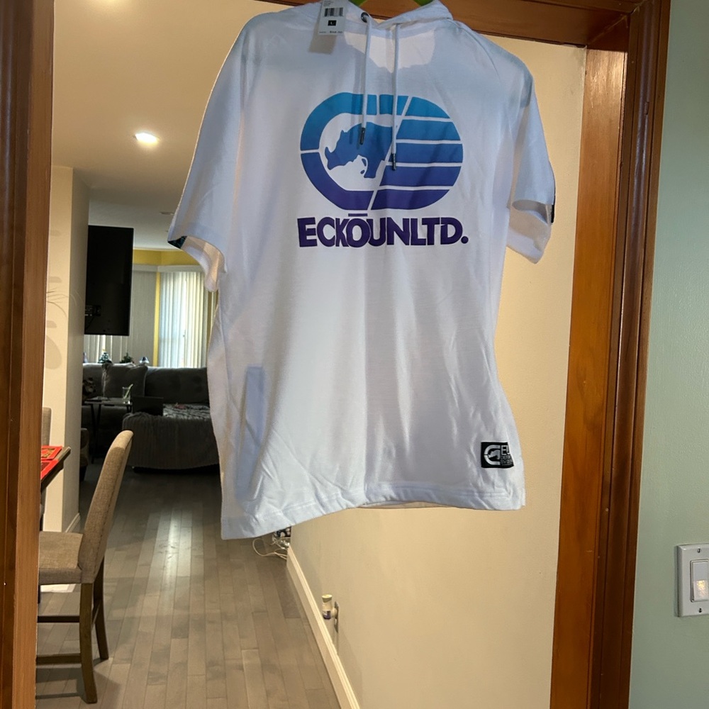 Ecko Unlimited White and Blue Shortsleeved Hoodie, New, PTP 22, Side Pockets